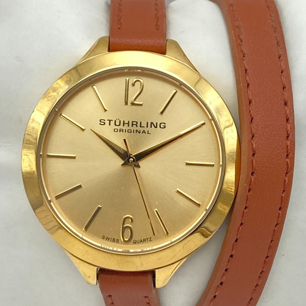 Stuhrling Women's Watch 38mm Gold Tone Brown Leather Wrap Swiss Mvmt New Battery